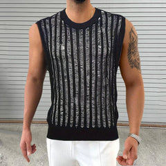 Hipsn  - Summer Fashion Slim Fit Knitted Tank Tops Men Sexy See Through Hollow Out Camisoles For Mens Casual O Neck Sleeveless Knit Vest