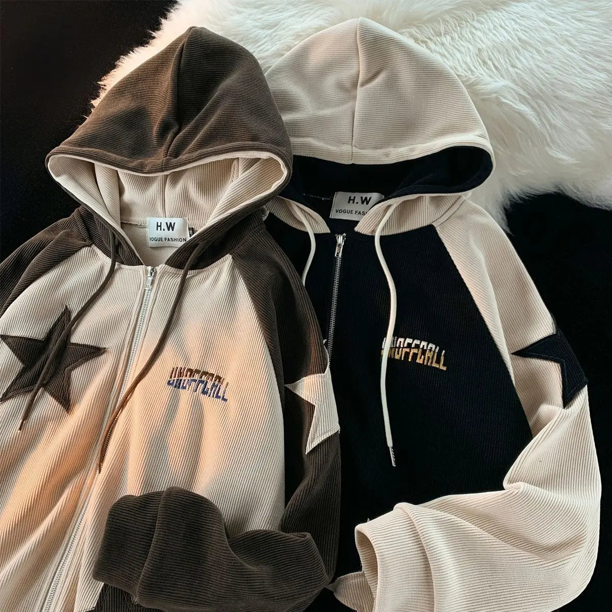 Hipsn  -  American Retro Star Patch Designs Zipper Hoodie Women New Street Popular Joker Sweatshirt Unisex Stitching Loose Casual Top