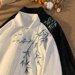 Hipsn  - New Men's White Shirt Bamboo Leaf Embroidery Shirt Plate Button Design Shirts Traditional Tang Clothing Men Women Blouse