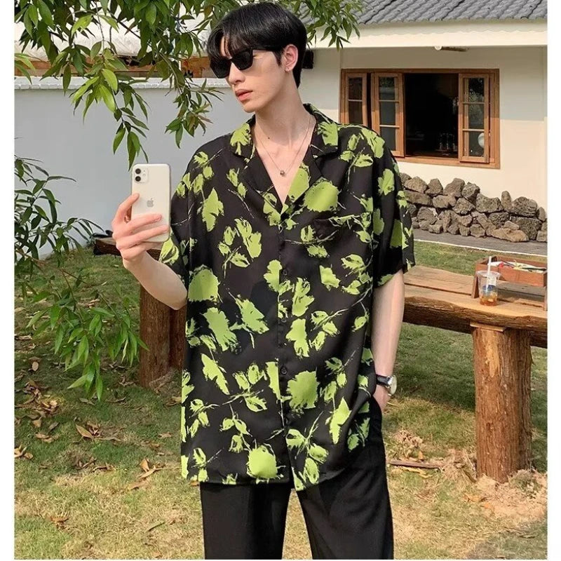 Hipsn  -  New Beach Vacation Set Mens Ink Wash Printed Flip Collar Casual Shirt+Black Straight Leg Pants 2-pcs Thin Trendy Suit