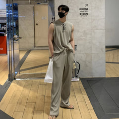 Hipsn  -  Fashion Men Tank Tops Tshirt Sets Tracksuit Sportswear Solid Stripe Drape Vest+Trousers 2 Piece Streetwear Suit Male