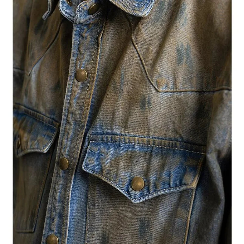 Hipsn  -  Mens Street Denim Shirt Spring Hip Hop Tie Dye Design Vintage Fashion Washed Cowboy Jacket Y2K High Street Lapel Coats Thin