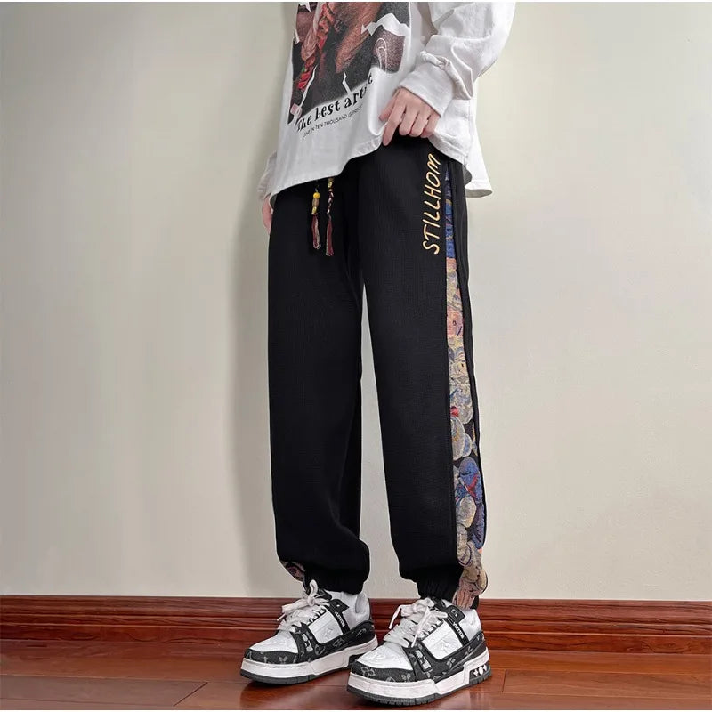 Hipsn  - Korean Side Piping Bear Embroidery Casual Pants New Men's Sports Trousers Waffle Fabric Comfortable Jogging Trousers