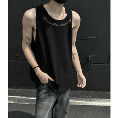 Hipsn  -  Summer Men's Letter Embroidery Tank Top Black White Oversized Sleeveless T-shirts for men