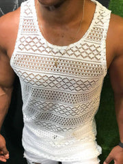 Hipsn  - New Fashion Solid Vest For Men Summer Sexy  Hollow Out Lace Tank Top Casual O-Neck Sleeveless Tops Pullover Mens Streetwear