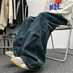 Hipsn  - Men Jeans Trendy Straight Leg Denim Pants Classic Blue Hip Hop Street Trousers Harajuku Male Bottoms