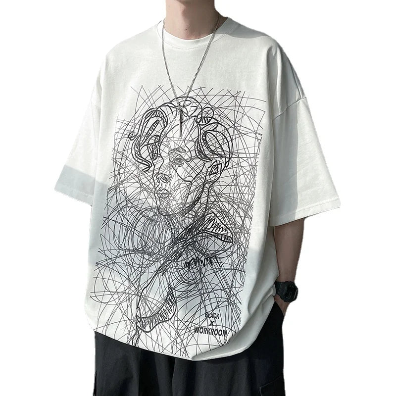 Hipsn  - Couple Large Size Loose Abstract Thread Character Short Sleeve T-Shirt Men's High Street Hip Hop Cotton White T-Shirt Top M-5XL