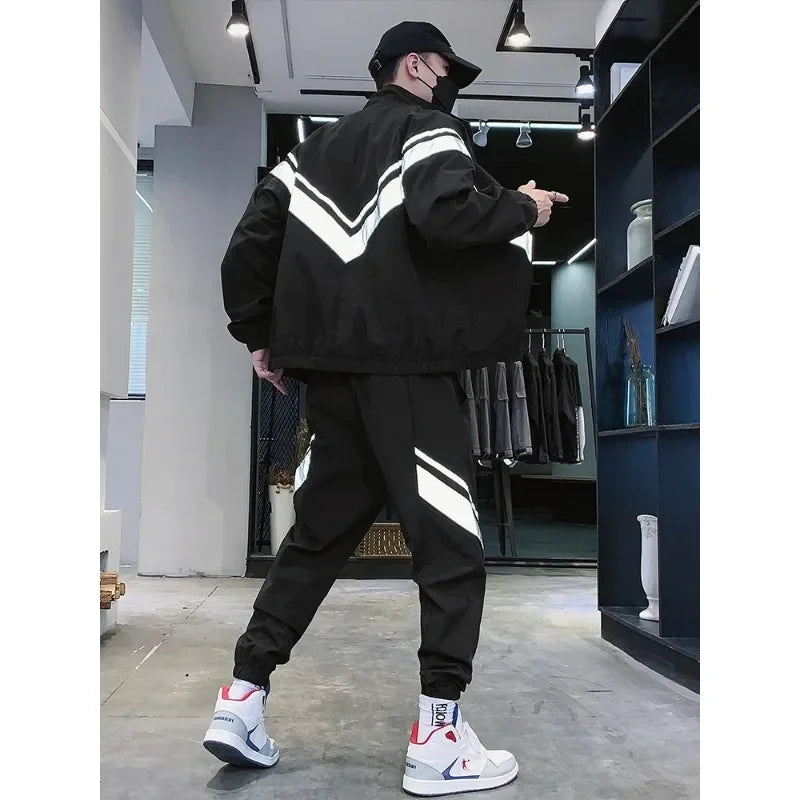 Hipsn  -  frat guys New Spring Fashion Reflective Tracksuit Men Sportswear Casual Sweat Suits 2 Piece Jacket+Pants Jogging Sets