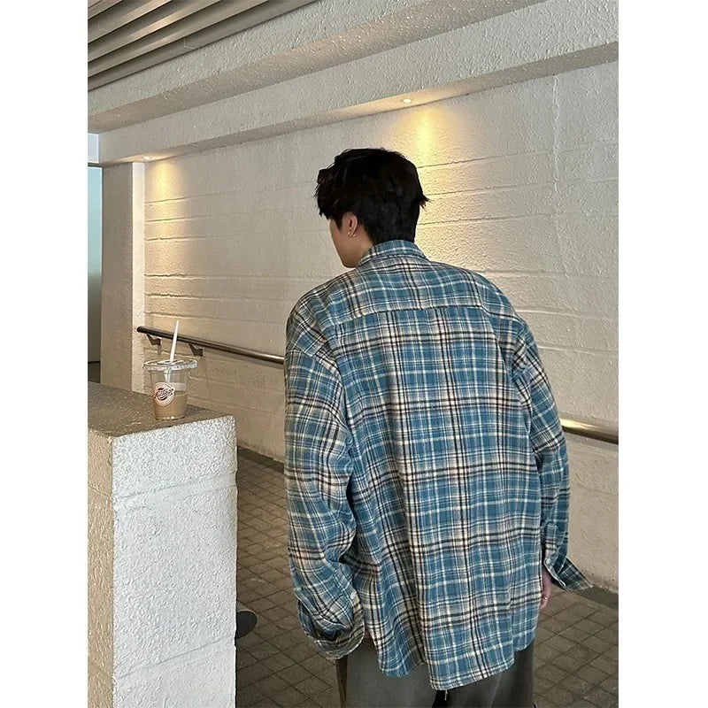 Hipsn  -  American Plaid Long Sleeved Shirt Mens Spring Multi Pocket Harajuku Stripe Loose Jackets Thin Cotton Fashion Couple Tops Trend