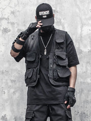 Hipsn  -  Techwear Black Cargo Biker Vest Without Sleeve Tank Tops Men Sleeveless Top Men  Clothing Japanese Streetwear Hip Hop