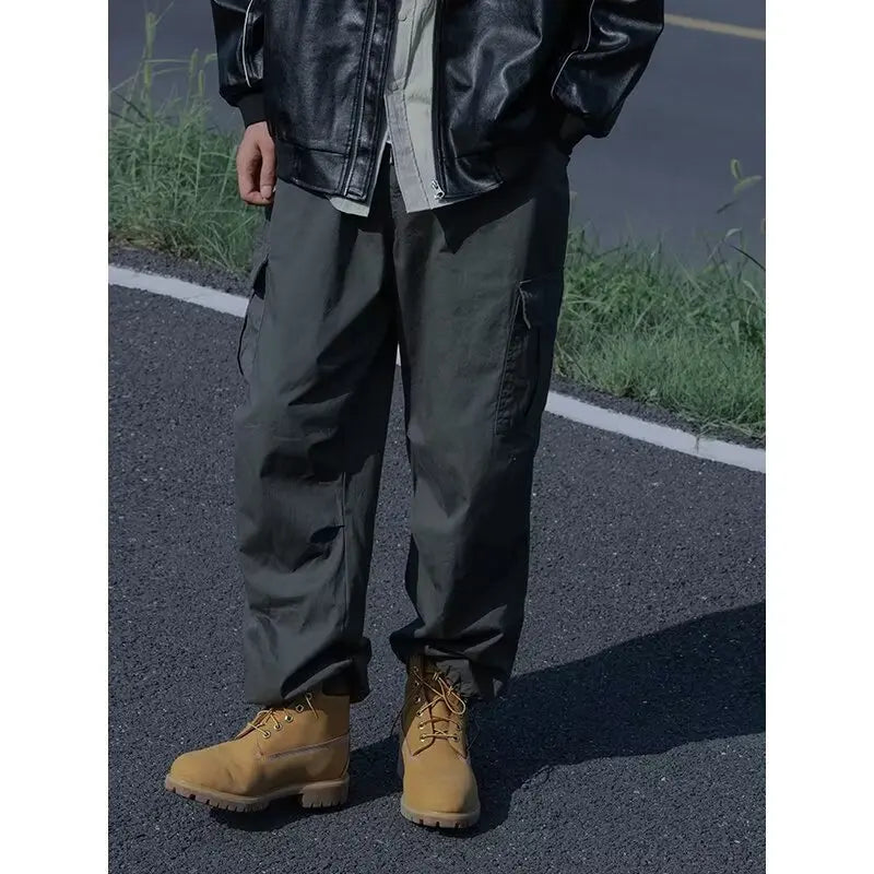 Hipsn  -  Japanese Harajuku Cargo Pants Mens Drawstring Big Pocket Casual Fashion Street Trousers Sports Elastic Straight Leg Overalls