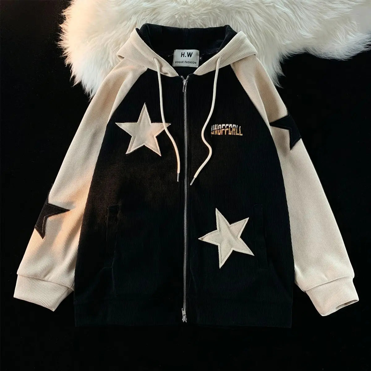 Hipsn  -  American Retro Star Patch Designs Zipper Hoodie Women New Street Popular Joker Sweatshirt Unisex Stitching Loose Casual Top