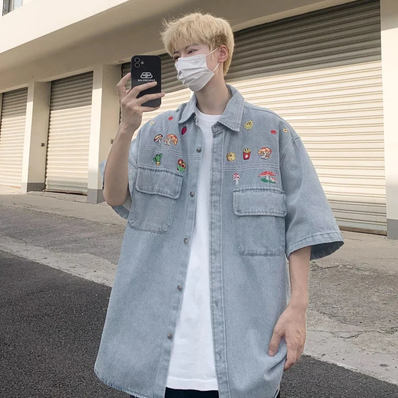 Hipsn  - Summer Half Sleeved Denim Shirt Mens New Harajuku Embroidered Fashionable Cowboy Tops Japanese Retro Casual Loose Washing Shirt