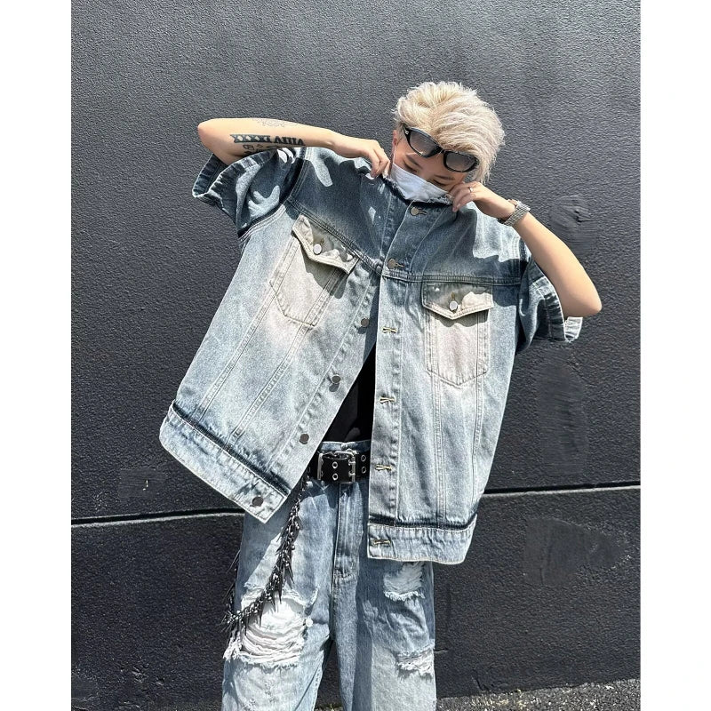 Hipsn  -  Short Sleeved Mens Denim Jackets Summer Fur Edge Retro Trend Tooling Cowboy Tops Hip Hop Multiple Pockets Shoulder Pads Shirts