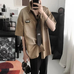 Hipsn  -  Y2K Gradient Denim Shirt Mens American Street Trend Half Sleeve Tops Summer Multiple Pockets Loose Harajuku Casual Shirt