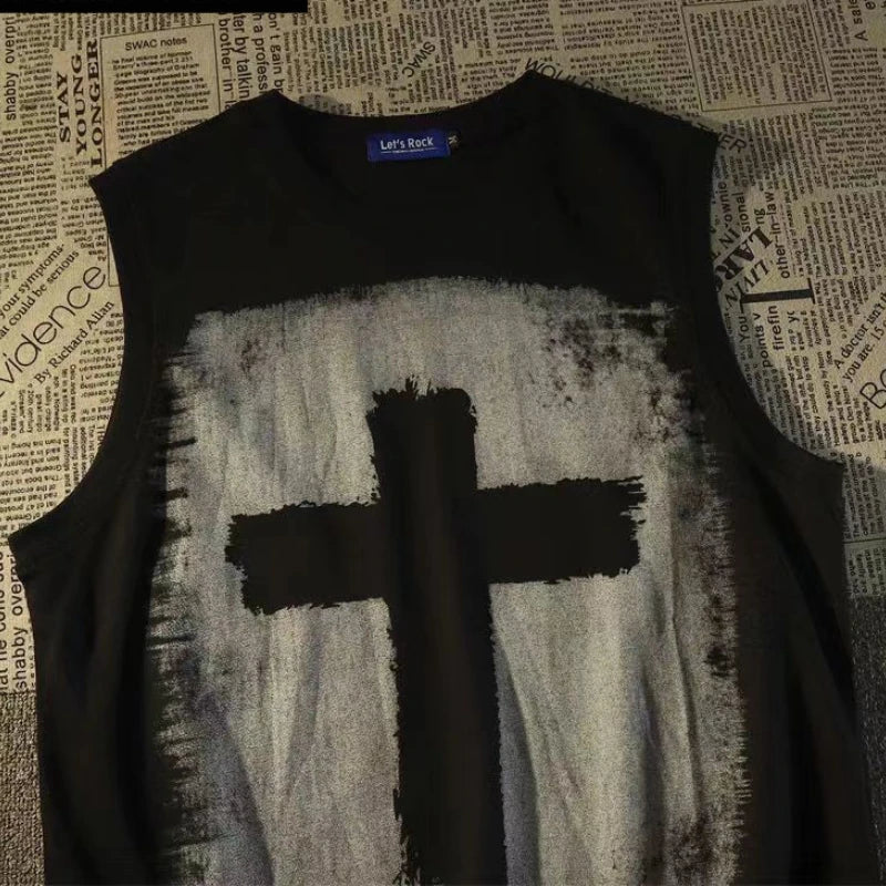 Hipsn  -   High Street Vest Men Women Hip Hop Cross Print O-neck Tank Top Unisex Punk Dark Black Oversize Sleeveless T-shirt