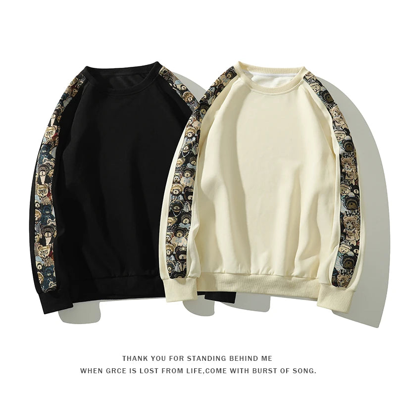 Hipsn  -  American Retro Sweatshirt Sleeve Embroidery Patchwork Trendy Sweatshirt Men Women Loose Active Sweatshirt Long Sleeve Casual