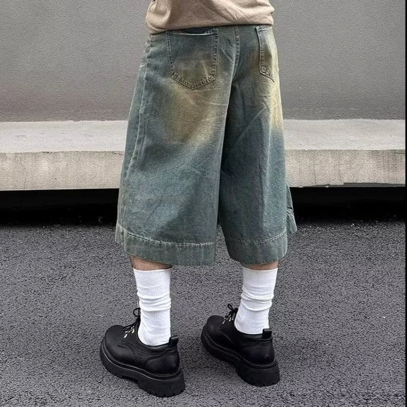 Hipsn  -  Summer Trend Denim Cropped Trousers Mens American Hip Hop Washed Wide Leg Shorts Unisex  High Street Straight Cowboy Mid Pants