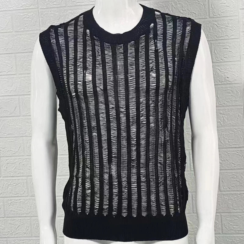 Hipsn  - Summer Fashion Slim Fit Knitted Tank Tops Men Sexy See Through Hollow Out Camisoles For Mens Casual O Neck Sleeveless Knit Vest