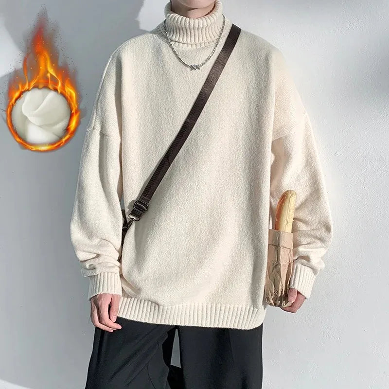 Hipsn  -  Men Turtleneck Knitted Warm Sweater Men's Loose Casual Pullovers Winter Bottoming Shirt Basic Solid Korean Fashion Knitwear Top