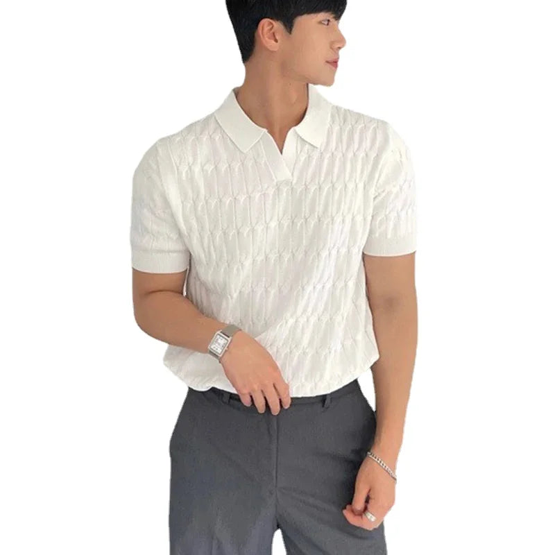 Hipsn  -  Summer Clothing Men's Light Luxury Knitted Jacquard Polo Shirt Fashion Striped V-Neck Solid Color Short Sleeve T-shirt Leisure