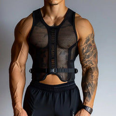 Hipsn  -  Sexy See Through Mesh T Shirt Vest Mens Muscle Fitness Breathable Lace-up Tank Tops Men Spring Summer Sleeveless Slim Camisoles