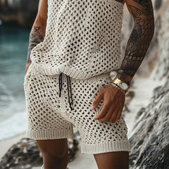 Hipsn  - Vintage Hollow Out Knitted Outfits Men Summer Sleeveless O Neck Knit Tank Top And Shorts Mens Two Piece Sets Fashion Men's Suits