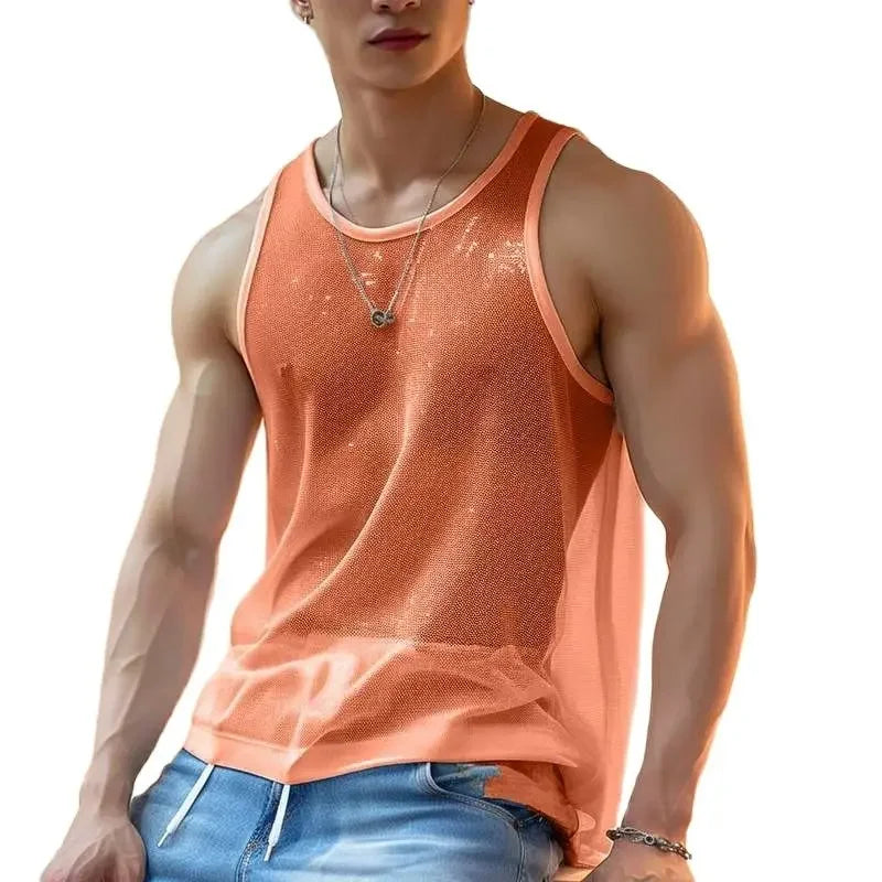 Hipsn  -  Summer Mens Y2K Slim Sleeveless Tank Fashion Transparent Mesh Men Tank Tops Sexy Hollow Out Breathable Night Club Shirts Vest