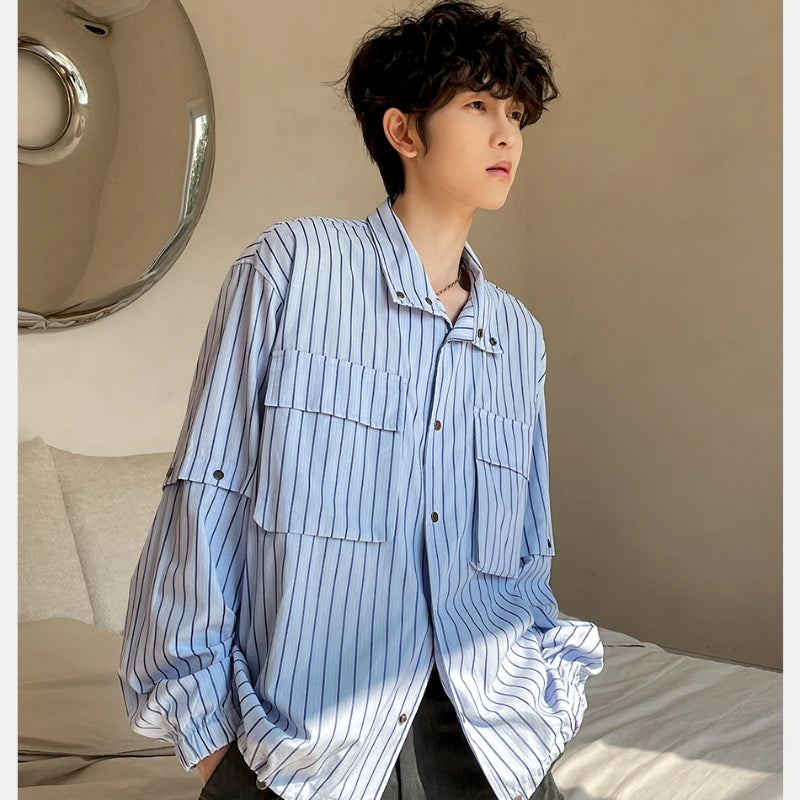 Hipsn  -  Korean Casual Striped Mens Shirt College Fashion Loose Long Sleeved Tops Cotton Removable Sleeves Drawstring Shirt Jacket Male