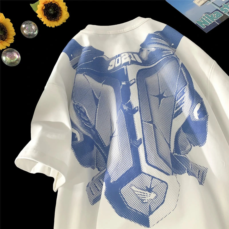 Hipsn  -  Retro Old School T-shirt Pixel Mecha Graphic Printed T-Shirt High Street Men's Short Sleeve Tops Loose Couple Casual Tees