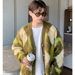 Hipsn  -  Japanese Retro Mens Set Autumn College Couple Suit Diamond Lattice Loose Knit Cardigan+White Fleece Casual Pants 2-piece