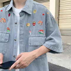 Hipsn  - Summer Half Sleeved Denim Shirt Mens New Harajuku Embroidered Fashionable Cowboy Tops Japanese Retro Casual Loose Washing Shirt