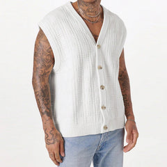 Hipsn  - Fashion Hollow Out Mens Knitting Tank Tops Summer Trendy Loose Sleeveless Button V Neck Vest Men Cardigans Streetwear Camisoles