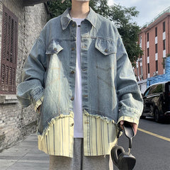 Hipsn  -  Trendy Patchwork Fake Two Piece Denim Jacket Mens Spring Casual Striped Washed Retro Cowboy Tops  Harajuku Couple Coats