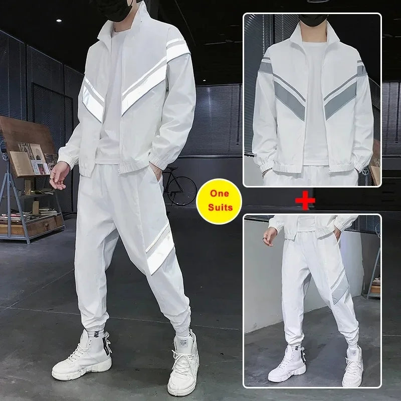 Hipsn  -  frat guys New Spring Fashion Reflective Tracksuit Men Sportswear Casual Sweat Suits 2 Piece Jacket+Pants Jogging Sets