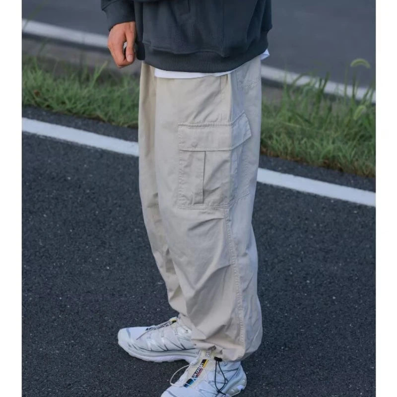 Hipsn  -  Japanese Harajuku Cargo Pants Mens Drawstring Big Pocket Casual Fashion Street Trousers Sports Elastic Straight Leg Overalls