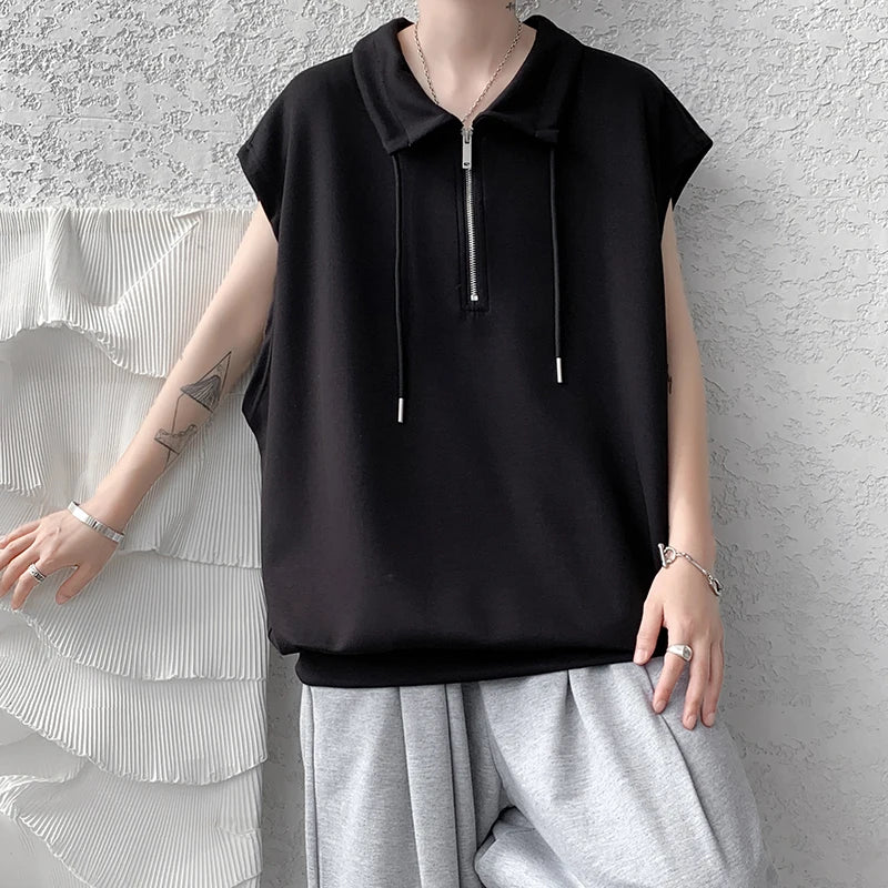 Hipsn  -  Men Turn-down Collar Tanks Drawstring Vest Summer Simple Loose Breathable Teenager Fashion Sleeveless Casual Tops Plus Size 2XL