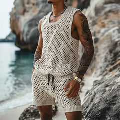 Hipsn  - Vintage Hollow Out Knitted Outfits Men Summer Sleeveless O Neck Knit Tank Top And Shorts Mens Two Piece Sets Fashion Men's Suits