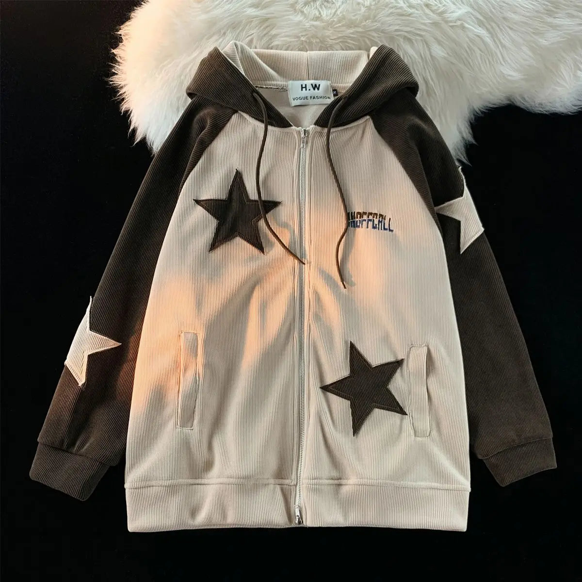 Hipsn  -  American Retro Star Patch Designs Zipper Hoodie Women New Street Popular Joker Sweatshirt Unisex Stitching Loose Casual Top