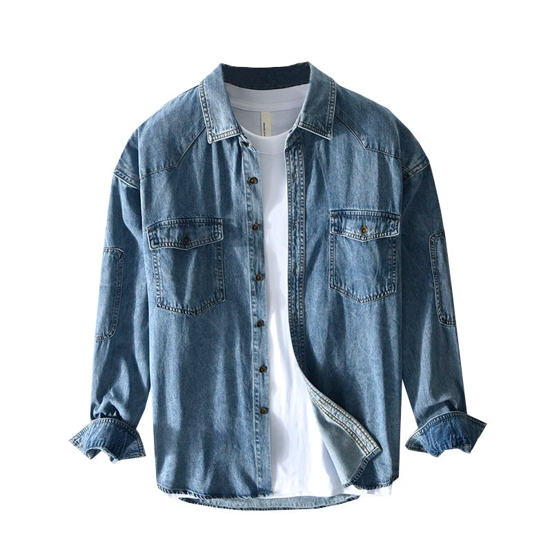 Hipsn  -  Spring and summer new classic men's casual denim shirts trend wild Japanese retro loose high-quality long-sleeved shirts