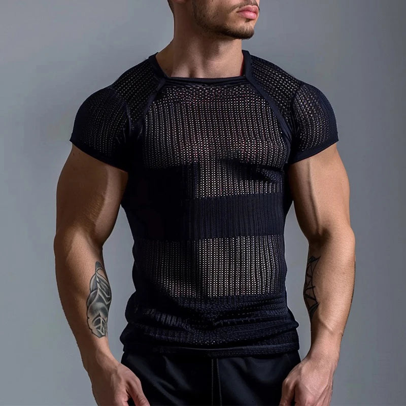 Hipsn  -  Mens Sexy Stripe See Through Mesh Camisoles Tanks Spring Hollow Out Breathable Sports Slim Top New Summer Sleeveless Men T Shirt