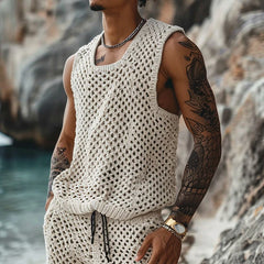 Hipsn  - Vintage Hollow Out Knitted Outfits Men Summer Sleeveless O Neck Knit Tank Top And Shorts Mens Two Piece Sets Fashion Men's Suits