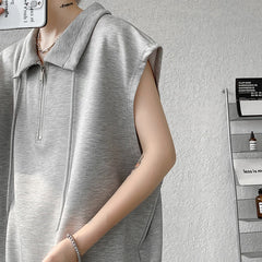 Hipsn  -  Men Turn-down Collar Tanks Drawstring Vest Summer Simple Loose Breathable Teenager Fashion Sleeveless Casual Tops Plus Size 2XL