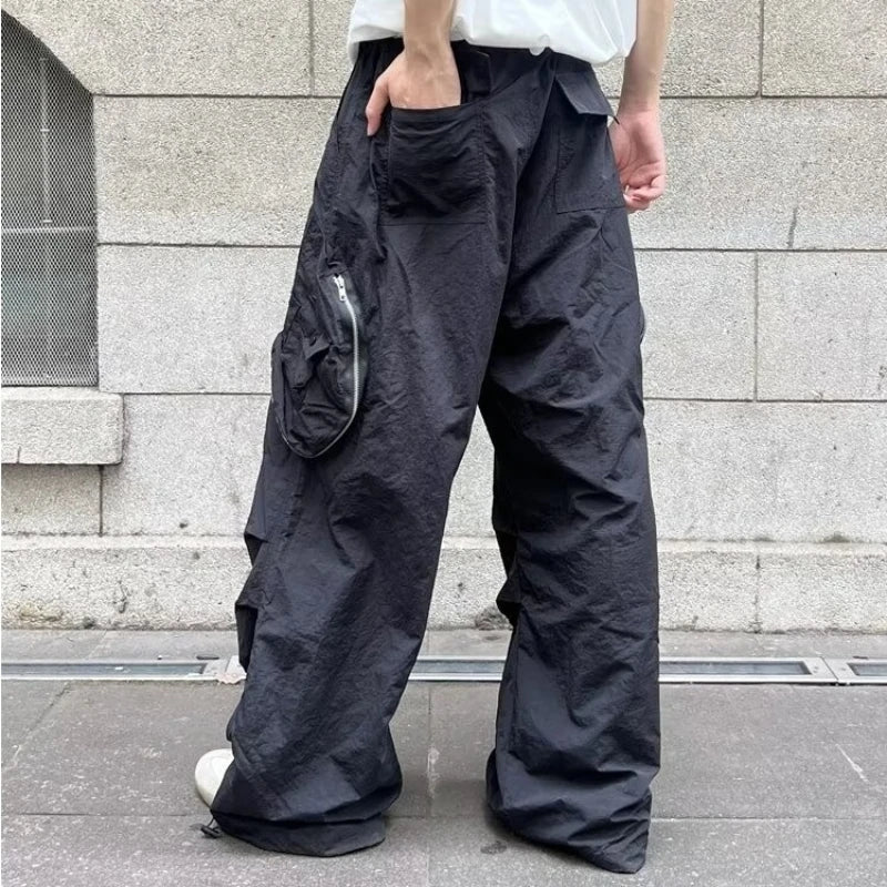 Hipsn  -  frat guys Street Trend Mens Cargo Pants Multi Pocket Fold Straight Leg Casual Overalls Tooling Solid Hip Hop Unisex Drawstring Trousers