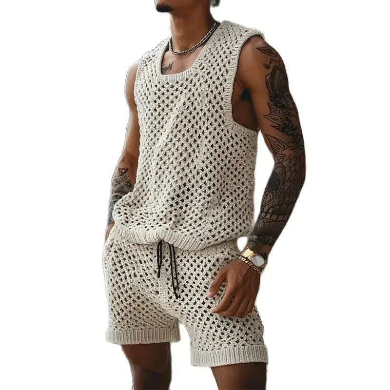 Hipsn  - Vintage Hollow Out Knitted Outfits Men Summer Sleeveless O Neck Knit Tank Top And Shorts Mens Two Piece Sets Fashion Men's Suits