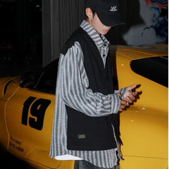 Hipsn  - fall outfits Striped Mens Shirt Jacket Spring Japanese Street Color Blocked Fake Two Coats Vest Tooling Trend Zipper Long Sleeved Tops