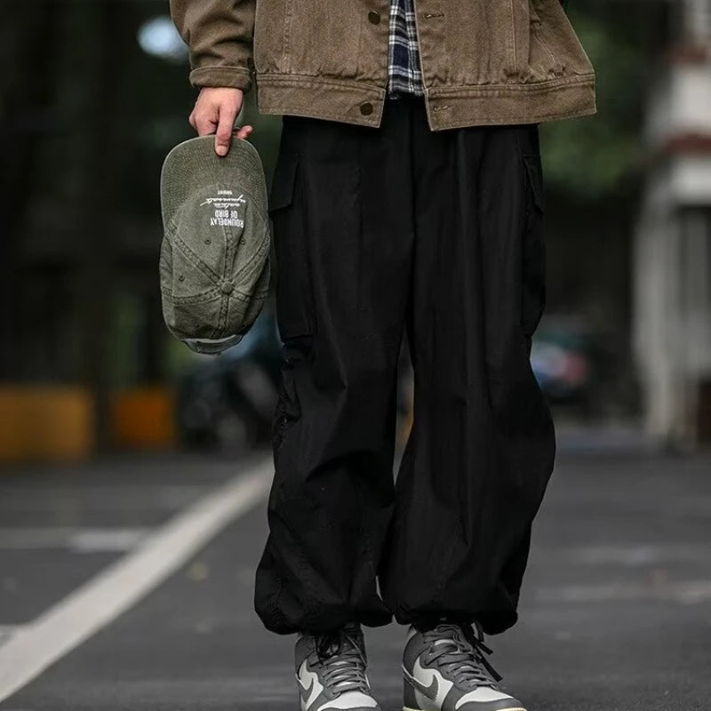 Hipsn  -  Quick Drying Cargo Pants Men Japanese Large Pocket Casual Wide Leg  Trousers Male Vintage Couple Overalls Loose Streetwear