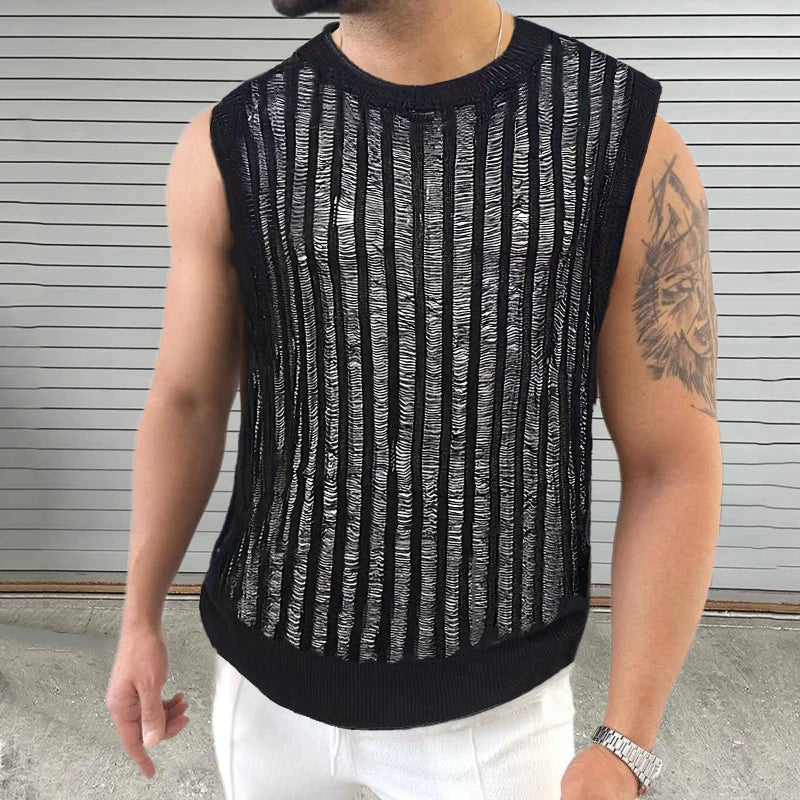 Hipsn  - Summer Fashion Slim Fit Knitted Tank Tops Men Sexy See Through Hollow Out Camisoles For Mens Casual O Neck Sleeveless Knit Vest