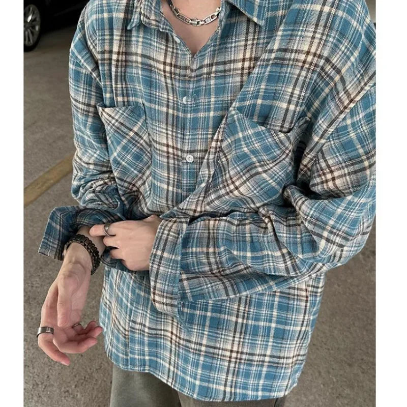 Hipsn  -  American Plaid Long Sleeved Shirt Mens Spring Multi Pocket Harajuku Stripe Loose Jackets Thin Cotton Fashion Couple Tops Trend