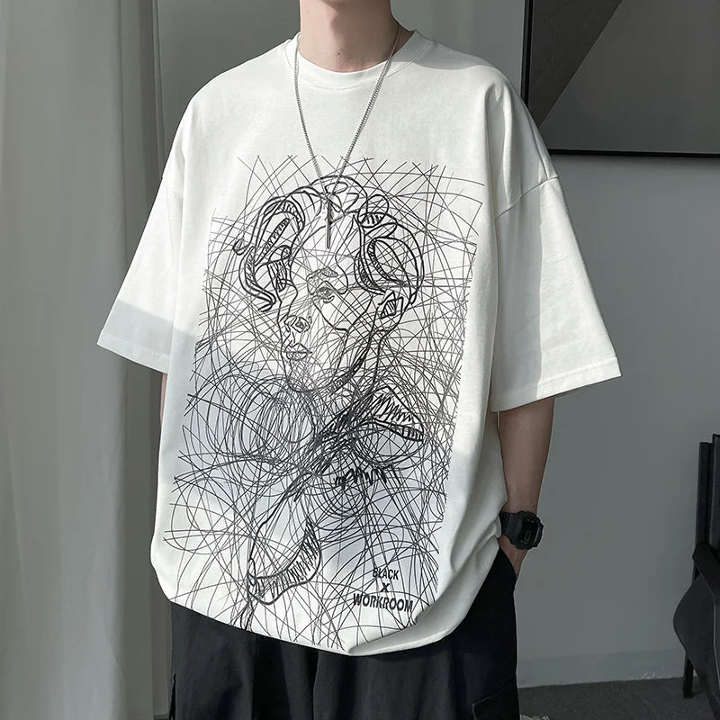 Hipsn  - Couple Large Size Loose Abstract Thread Character Short Sleeve T-Shirt Men's High Street Hip Hop Cotton White T-Shirt Top M-5XL